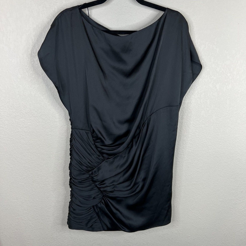 Aidan Mattox Mini Dress Size 2 Black Silky Side Draped Dolman Sleeve Bateau Neck